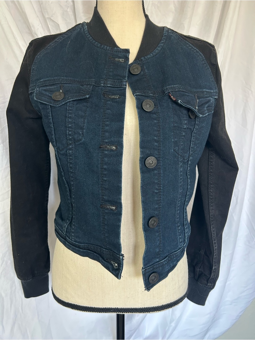 Levis Dark Blue Denim Bomber Jacket with Black Sleeves